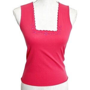 Velvet Tank Top Women's Fitted L Pink Embroidered Cutout Flowers Square Neck